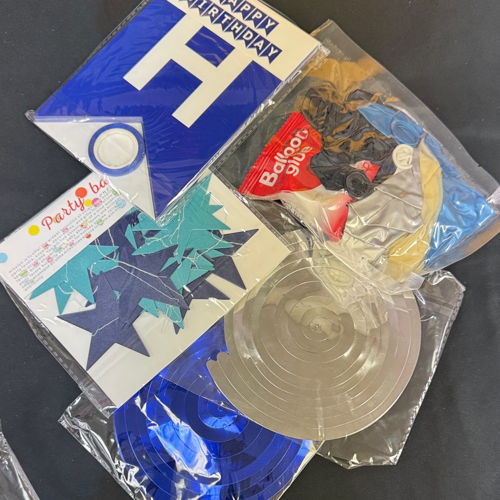 Blue Birthday Party Balloons and Decorations Set - Blue, Silver, Black banner